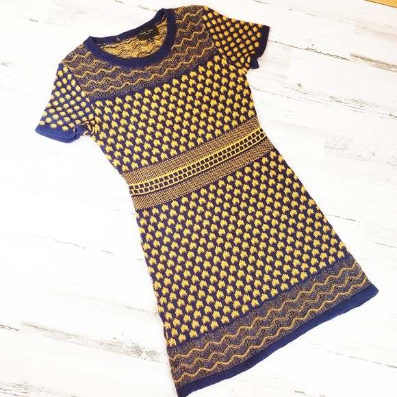 Romeo + Juliet sweater dress bodycon knee navy mustard Small knit shortsleeved - Picture 2 of 8